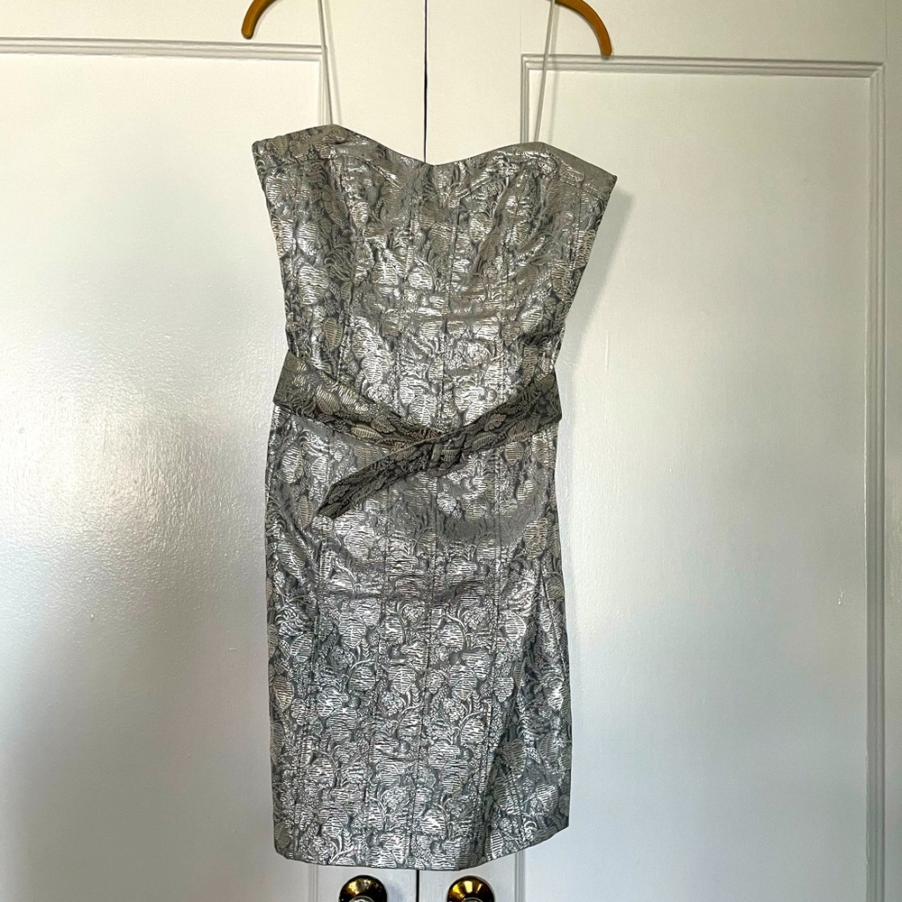 Badgley Mischka strapless brocade/jacquard metallic bustier dress size 6